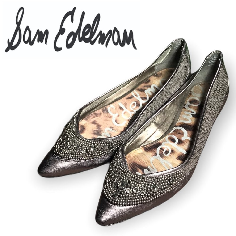 SAM EDELMAN ILLINOIS GUNMETAL BEADED Toe RHINESTONE GREY Metallic LEATHER FLATS!